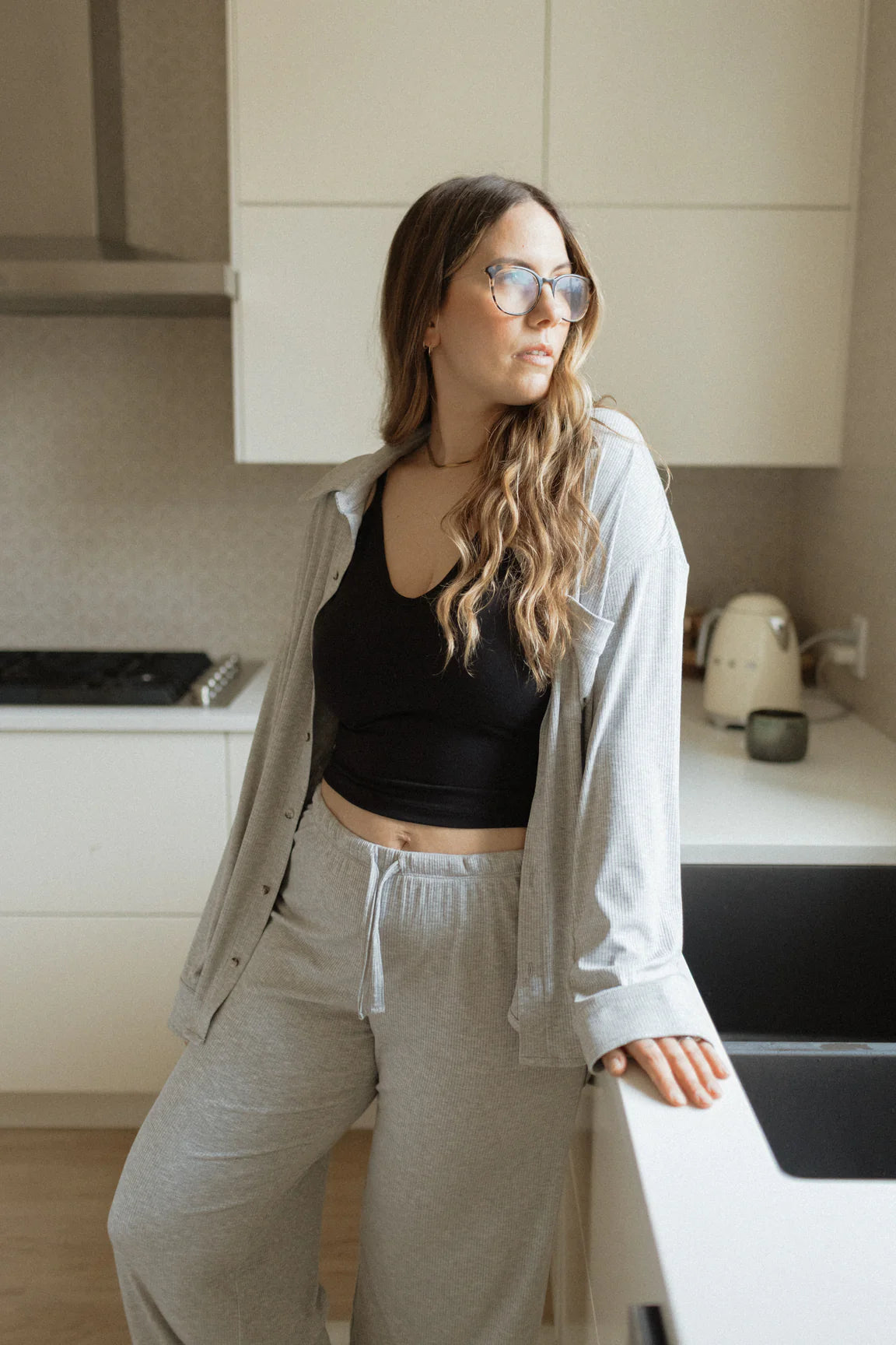 Jax & Lennon Ladies Ribbed Drawstring Pants || Feather Grey