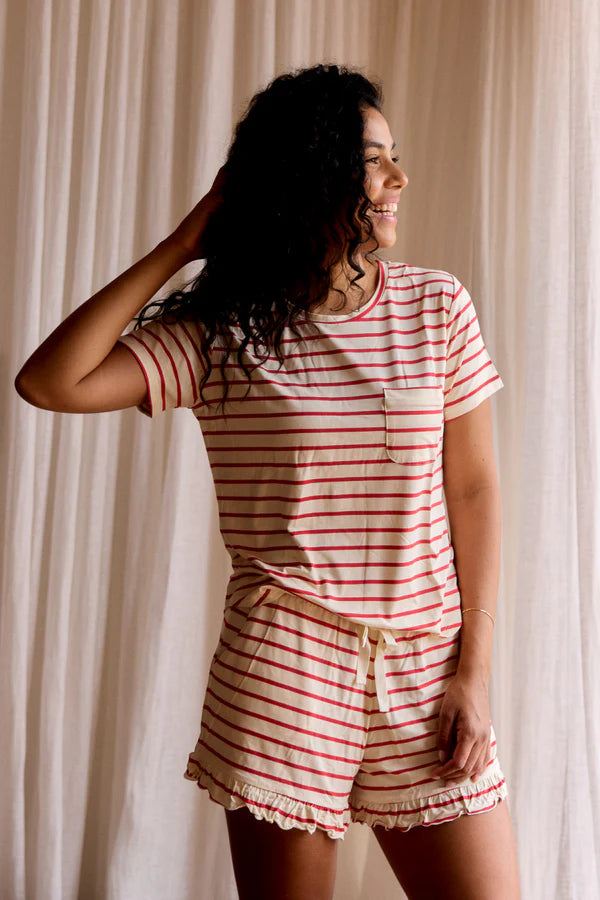 Bambi & Birdie Ladies Ruffled Short Set || Red Stripe