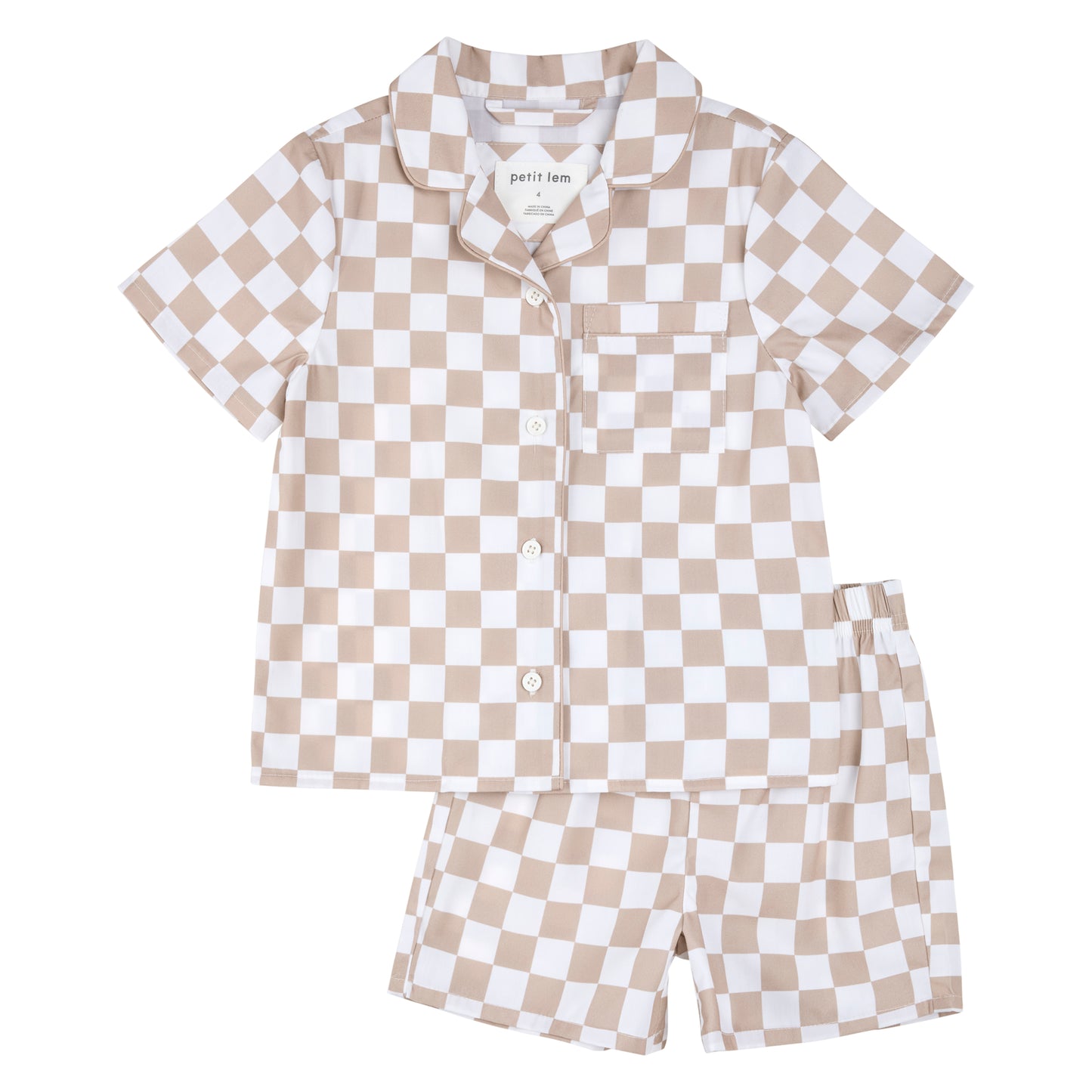 Petit Lem Two Piece Collared Short Sleeve PJ Set || Taupe Check