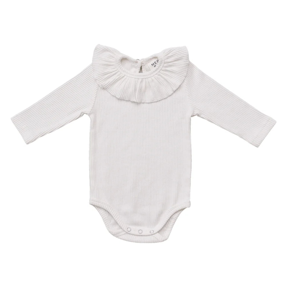 Mebie Baby Ribbed Ruffled Bodysuit || White