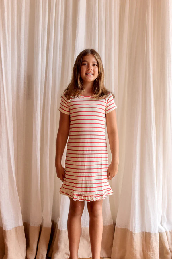 Bambi & Birdie Girls Ruffled Sleep Dress || Red Stripe