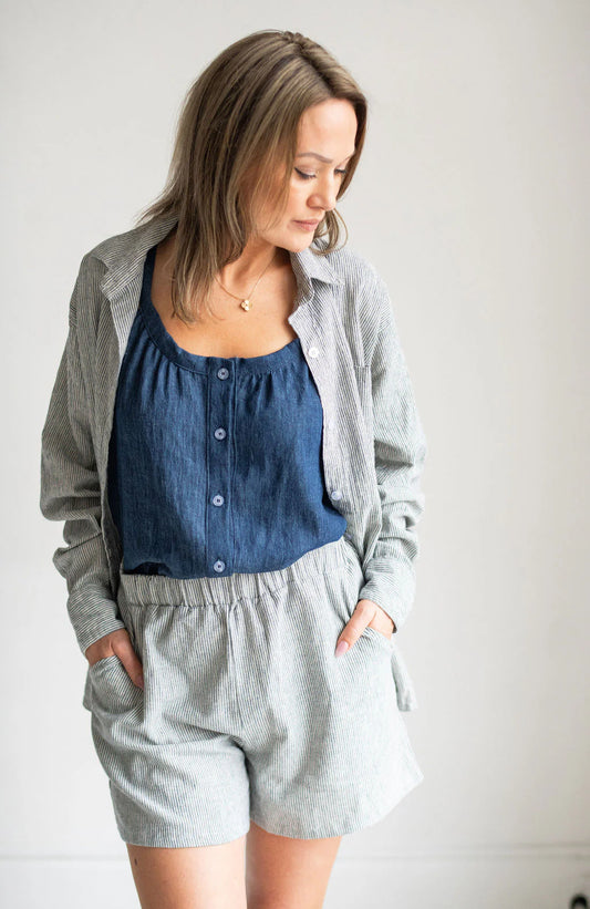 Tiny Button Apparel Ladies Button Down Shirt || Medium Wash Denim Stripe