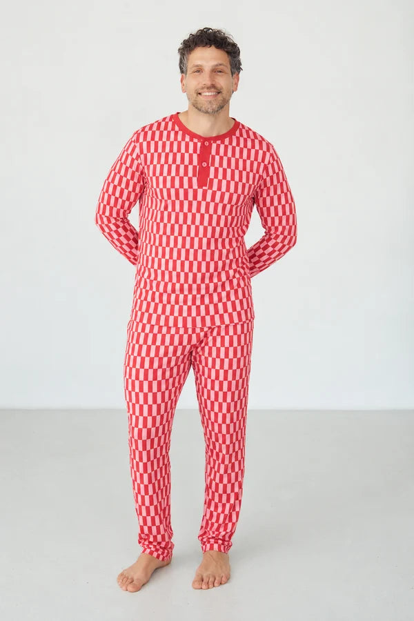 Bambi & Birdie Men's Henley Wide Leg Set || Candy Cane Check