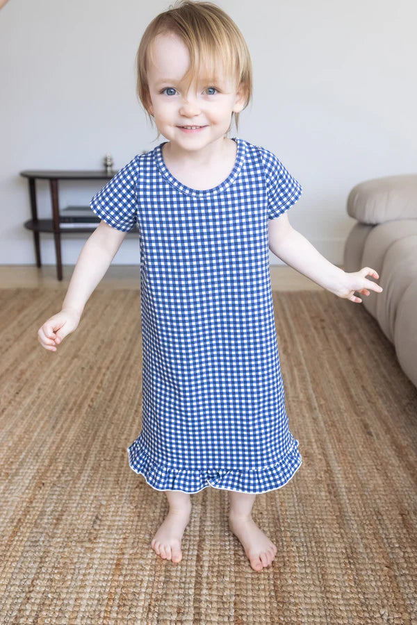 Bambi & Birdie Short Sleeve Ruffle Sleep Dress || Blue Gingham