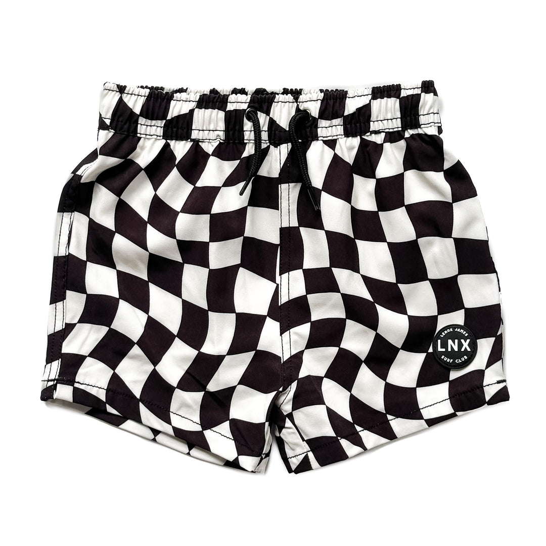 Lenox James Swim Trunk || Black + White Wavy Checks