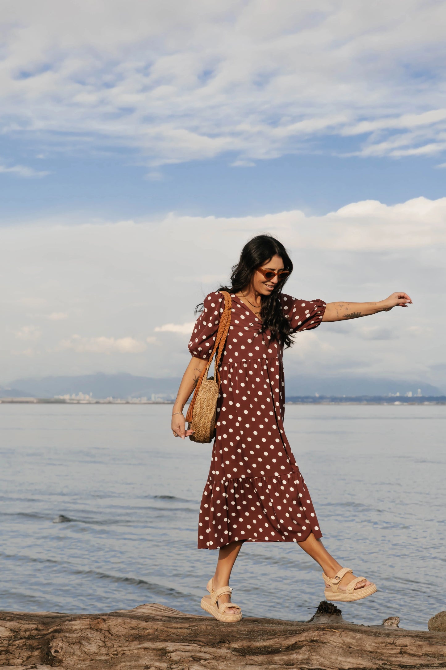 Smash + Tess Lucy Polka Dot Midi Dress || Warm Brown
