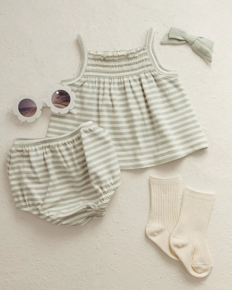 Quincy Mae Smocked Tank + Bloomer Set || Sage Stripe