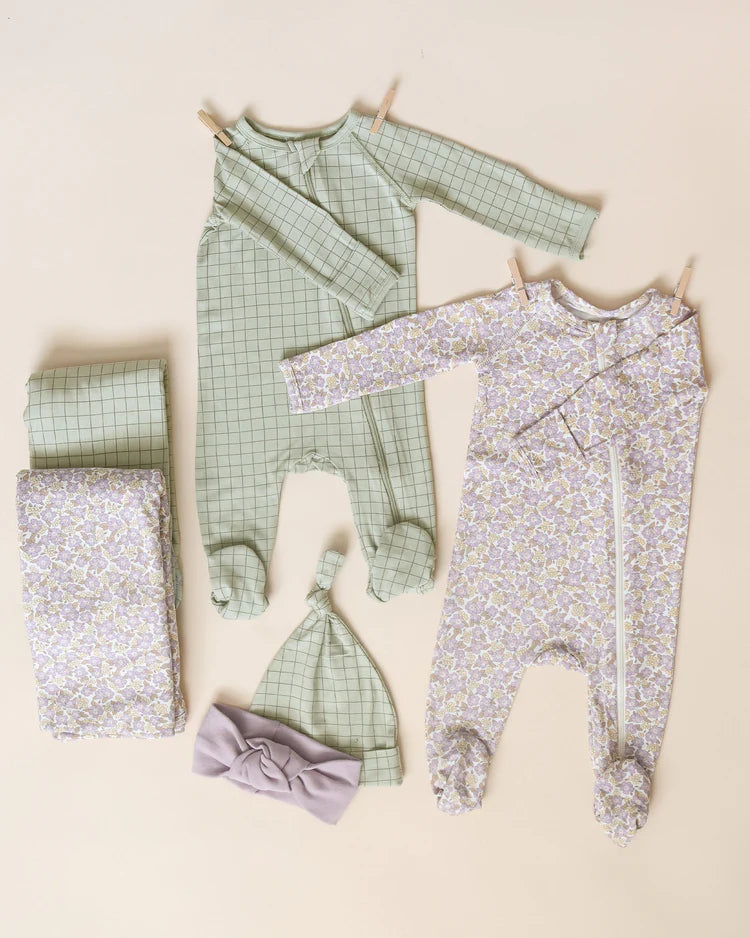 Quincy Mae Bamboo Zip Footie || Sage Grid