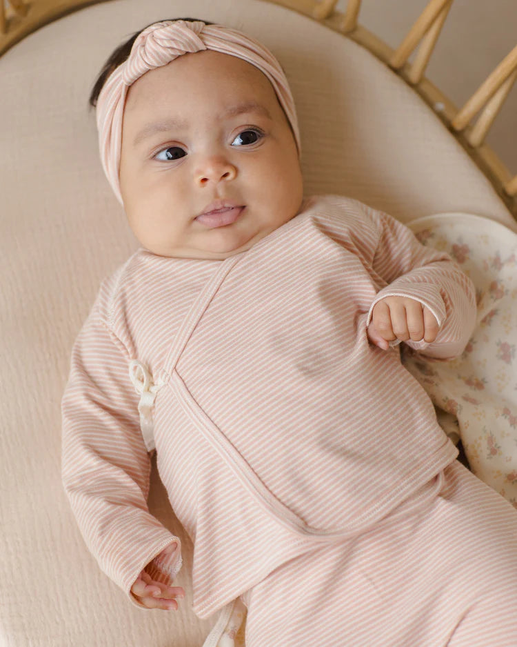 Quincy Mae Wrap Top + Footed Pant Set || Micro Melon Stripe