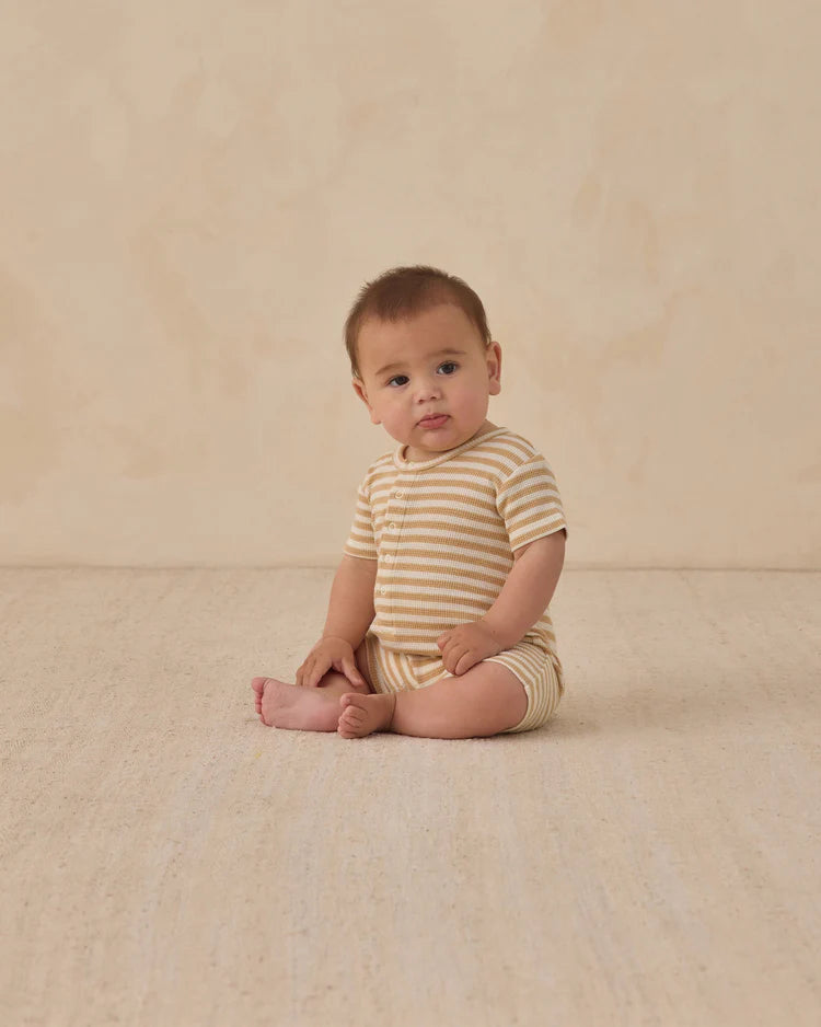 Quincy Mae Waffle Snap Romper || Butterscotch Stripe