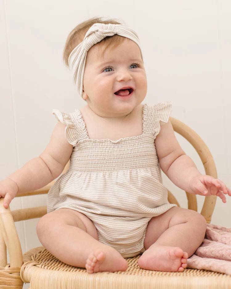 Quincy Mae Smocked Ruffle Sleeve Romper || Oat Micro Stripe