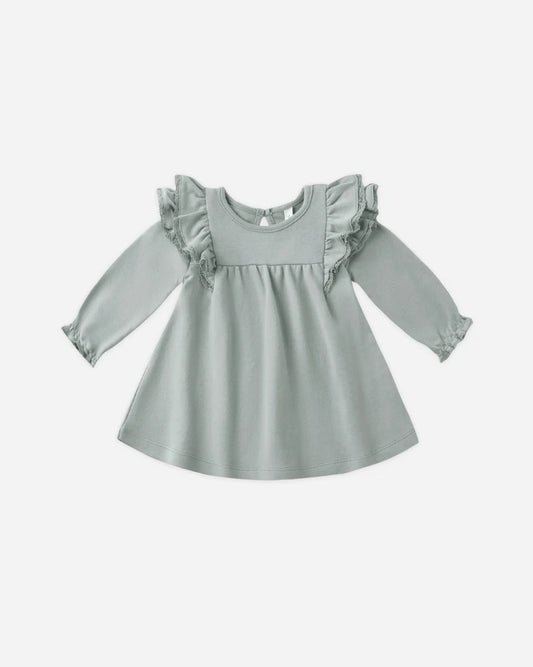 Quincy Mae Long Sleeve Flutter Dress || Blue Steel