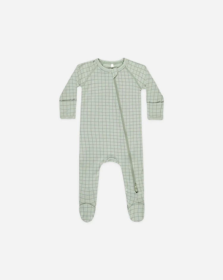 Quincy Mae Bamboo Zip Footie || Sage Grid