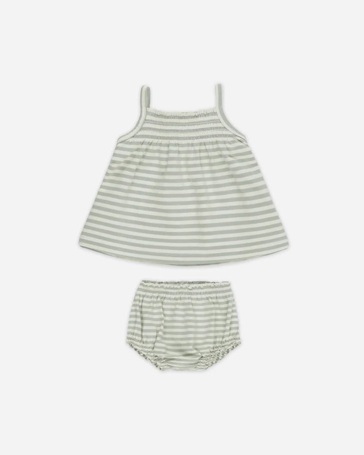 Quincy Mae Smocked Tank + Bloomer Set || Sage Stripe