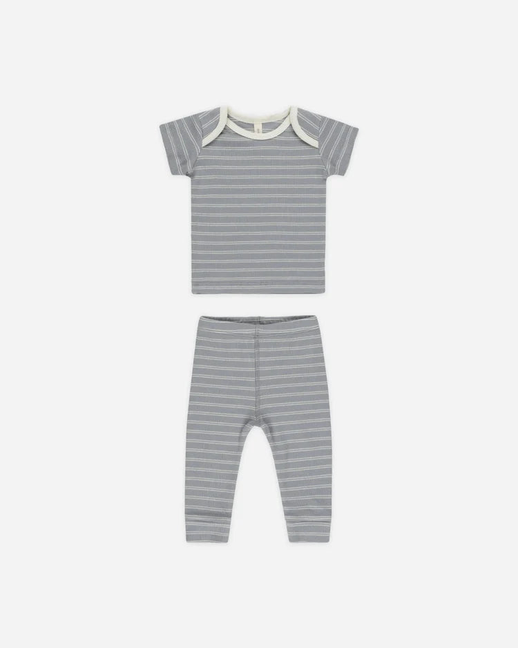 Quincy Mae Ribbed Short Sleeve Tee + Legging Set || Blue Pinstripe