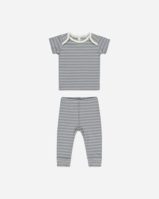 Quincy Mae Ribbed Short Sleeve Tee + Legging Set || Blue Pinstripe