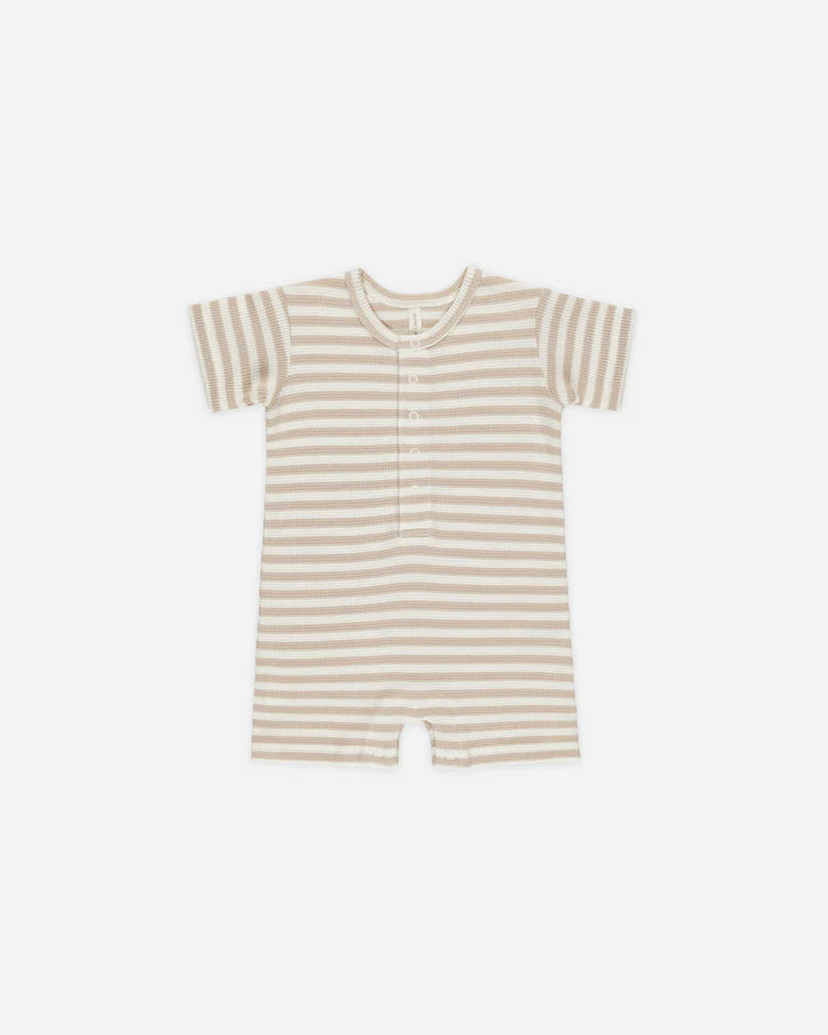 Quincy Mae Waffle Snap Romper || Oat Stripe