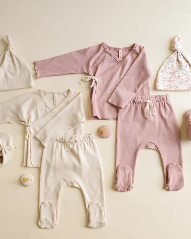 Quincy Mae Wrap Top + Footed Pant Set || Natural