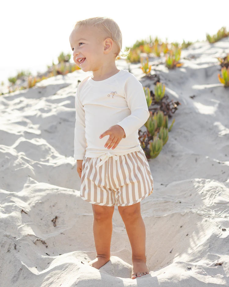 Quincy Mae Boys Swim Short || Retro Latte Stripe