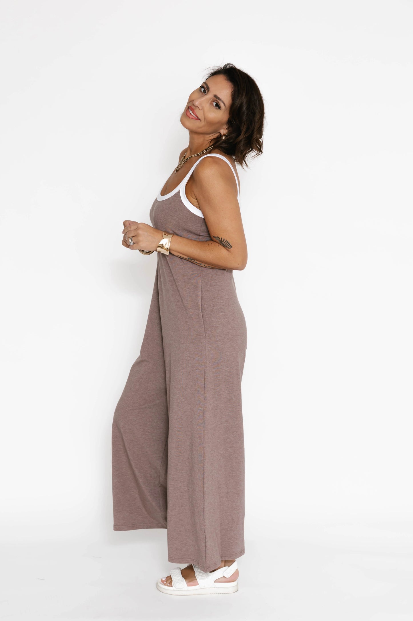 Smash + Tess Sasha Wide Leg Romper || Mocha Brown/White