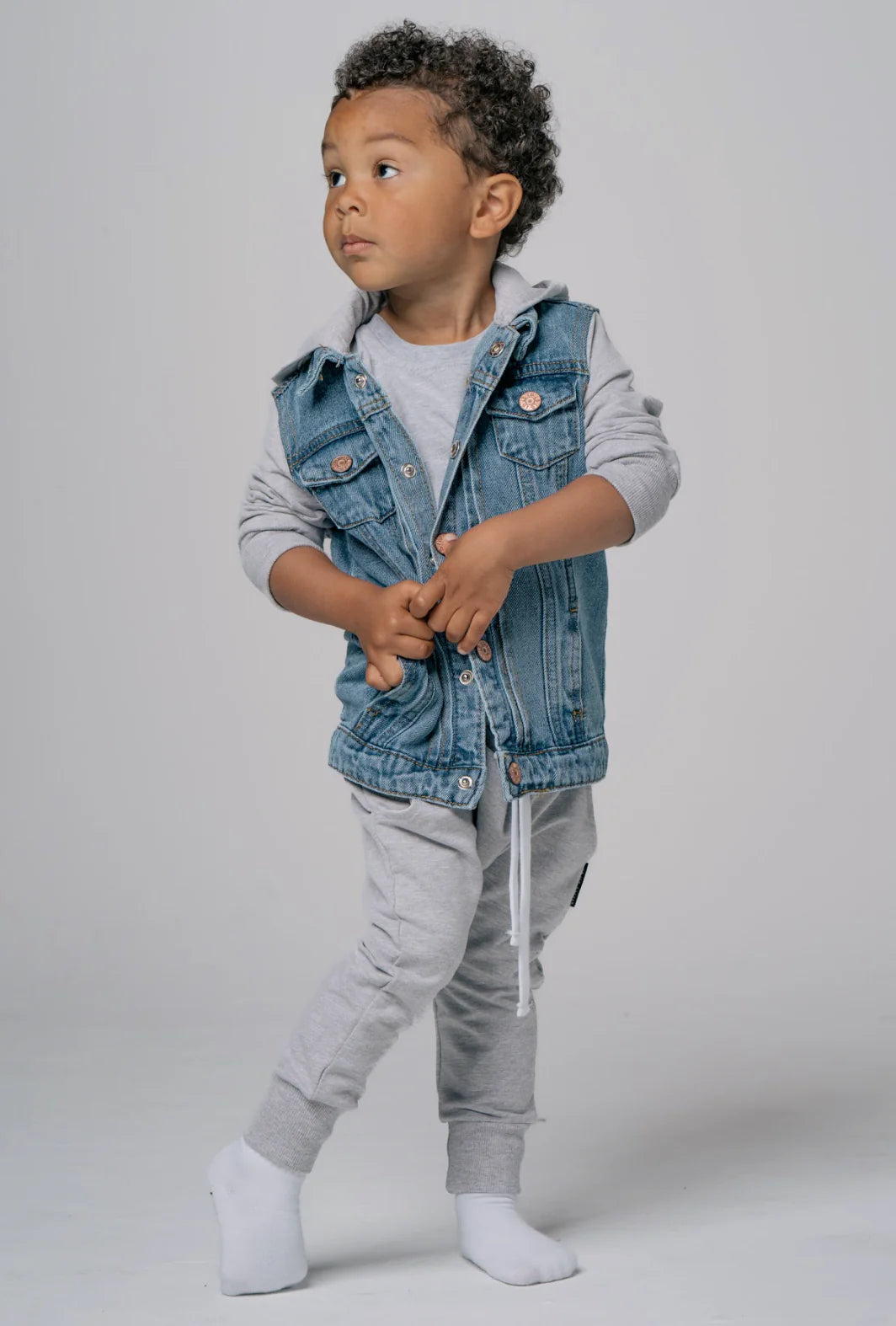 Little Bipsy Kids Hooded Denim Jacket || Grey