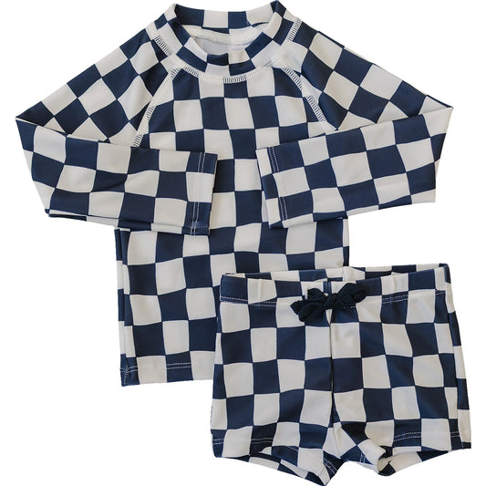 Mebie Baby Wavy Checkered Long Sleeve Swim Set