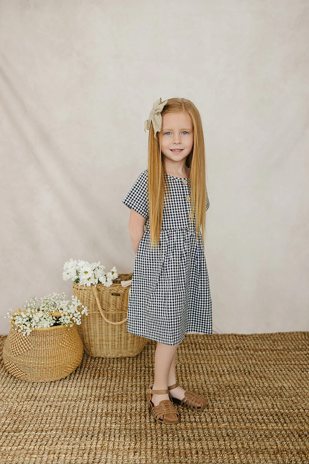 Mebie Baby Navy Gingham Linen Cotton Dress