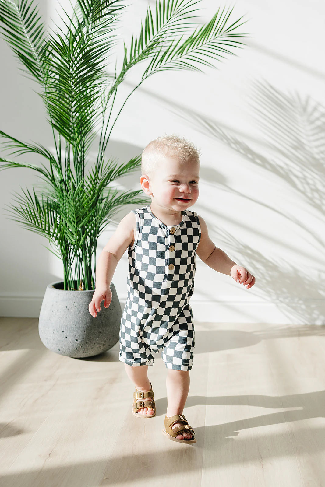 Mebie Baby Charcoal Wavy Checkered Short Romper