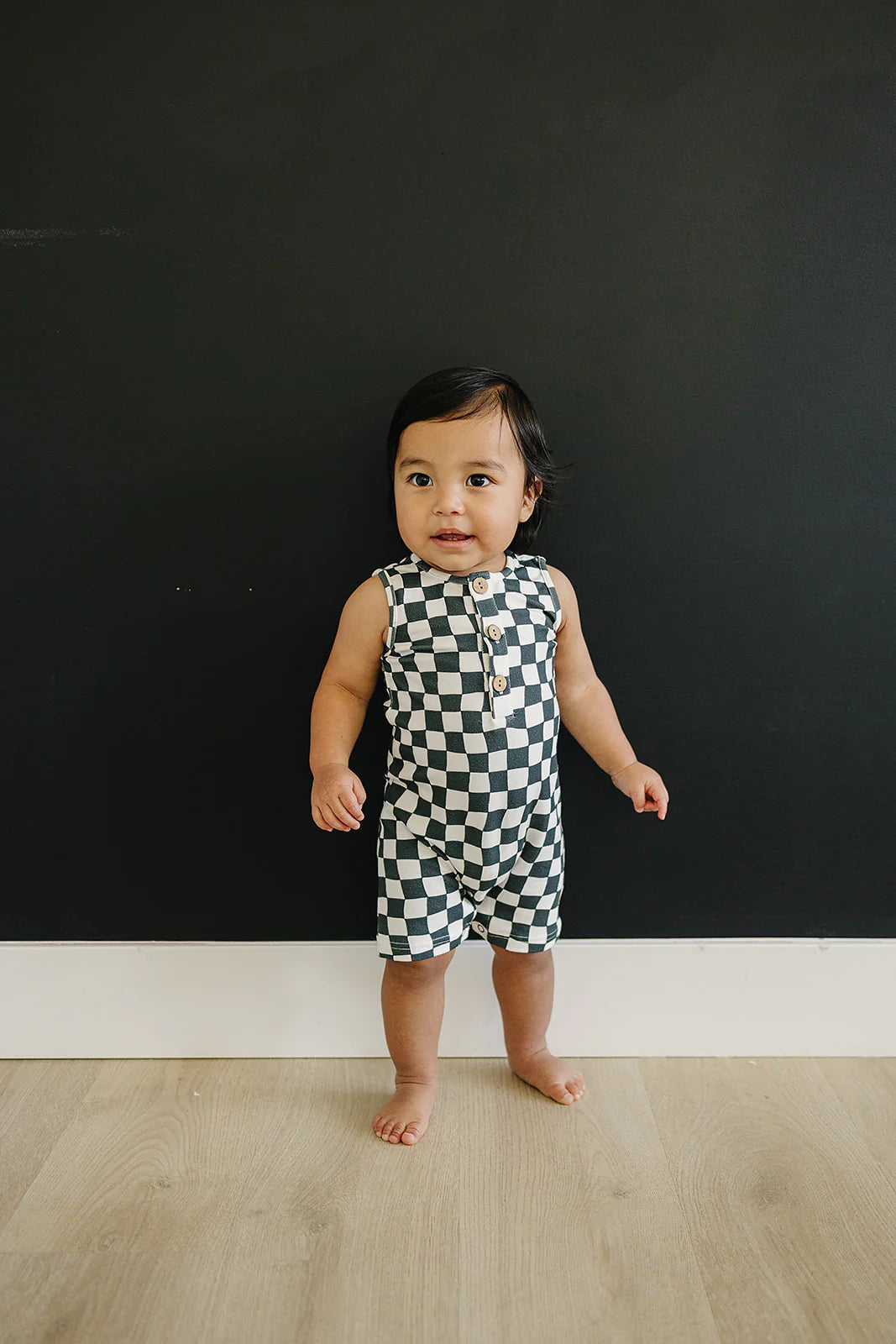 Mebie Baby Charcoal Wavy Checkered Short Romper
