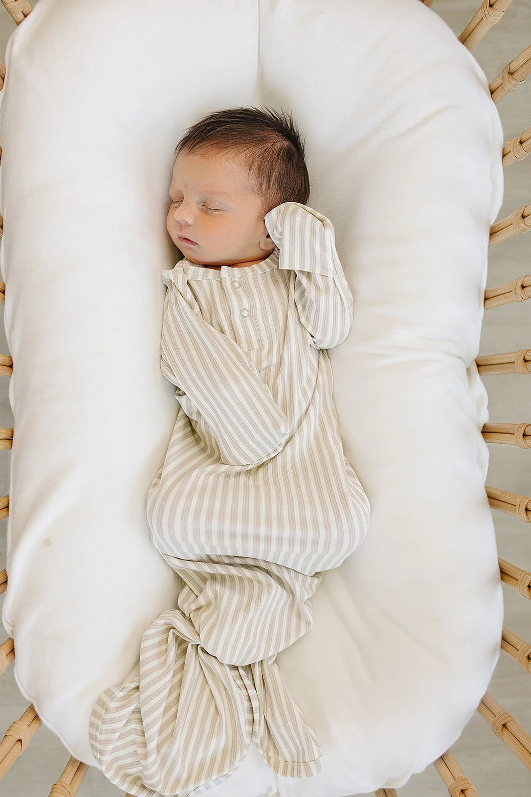 Mebie Baby Taupe Stripe Ribbed Bamboo Knot Gown