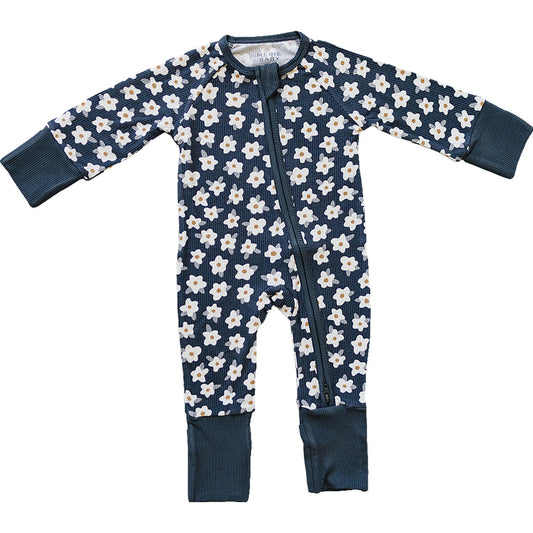 Mebie Baby Ribbed Bamboo Zipper || Navy Daisy