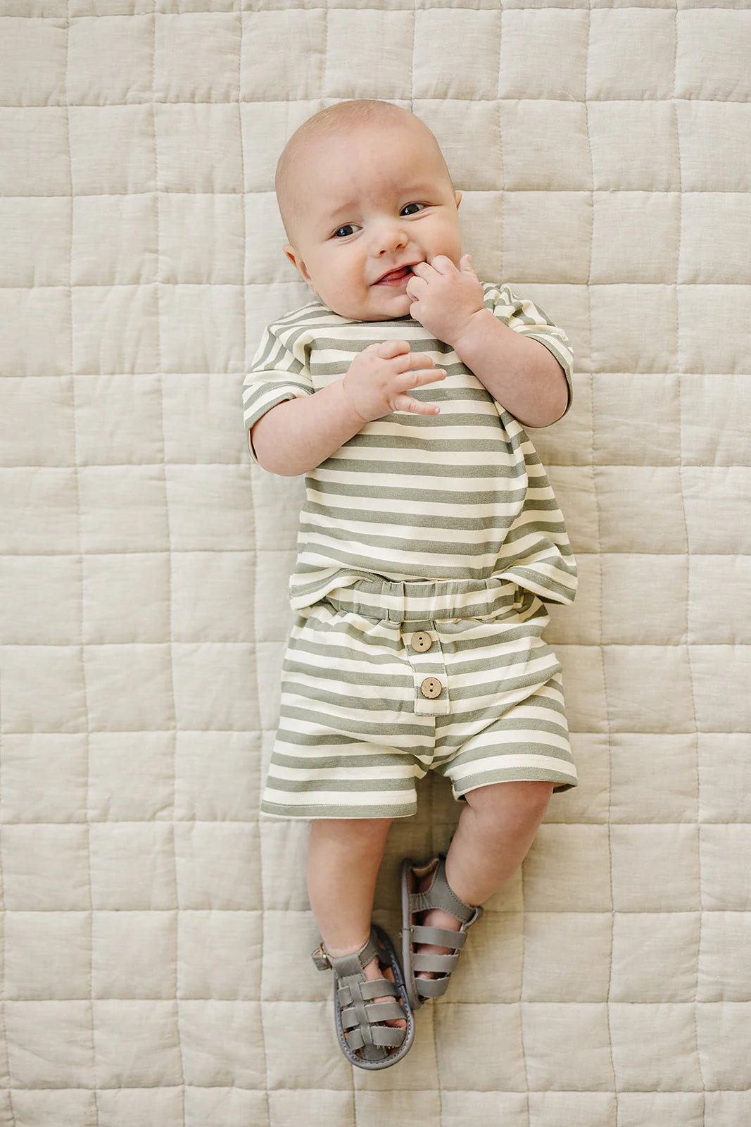 Mebie Baby Sage Stripe Button Short Set