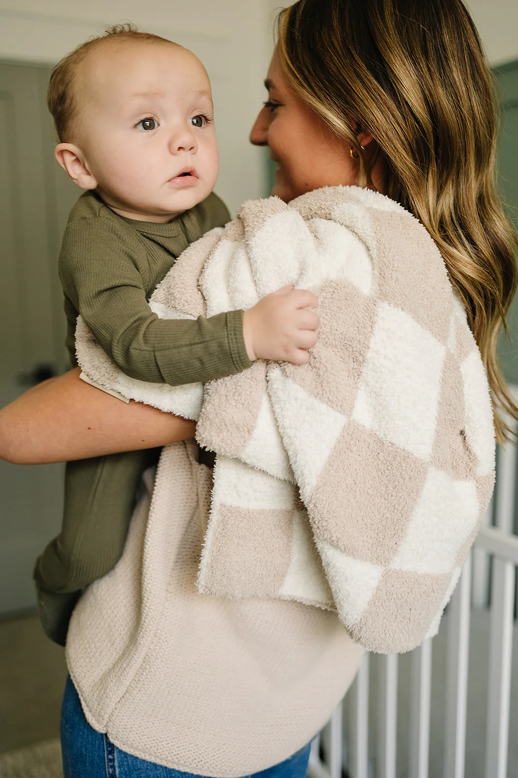 Mebie Baby Plush Baby Blanket || Taupe Checkered