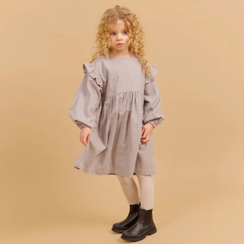 Wheat Kids Dress Gro || Grey Brown Check