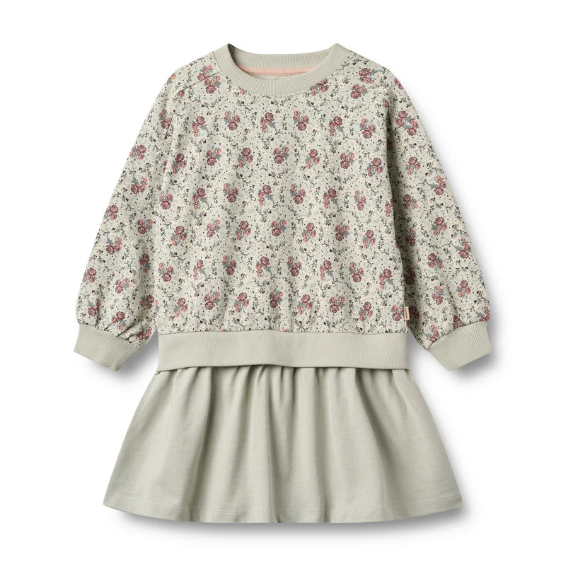 Wheat Kids Sweat Dress Maggie || Slightly Green Flowers