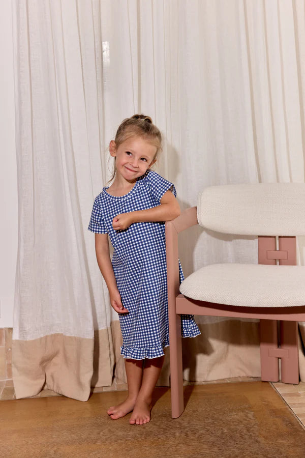 Bambi & Birdie Short Sleeve Ruffle Sleep Dress || Blue Gingham