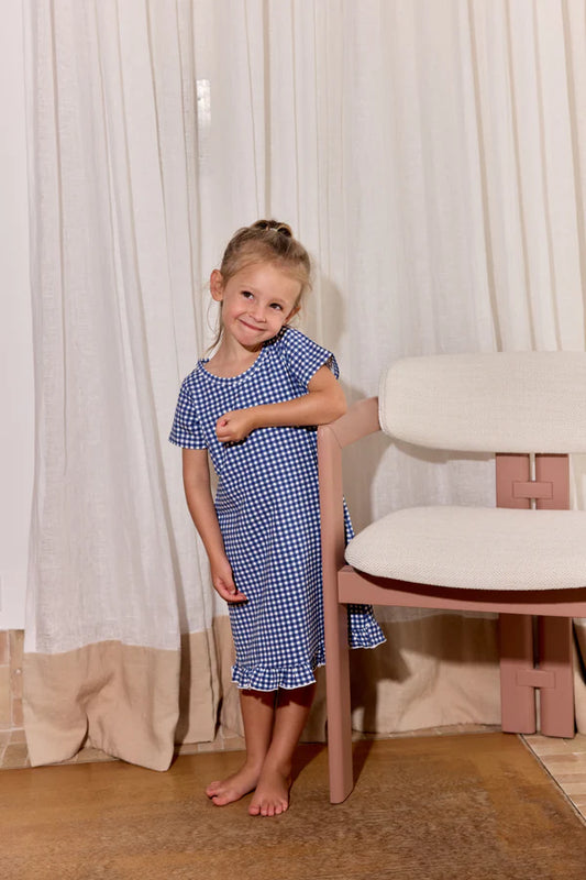 Bambi & Birdie Short Sleeve Ruffle Sleep Dress || Blue Gingham