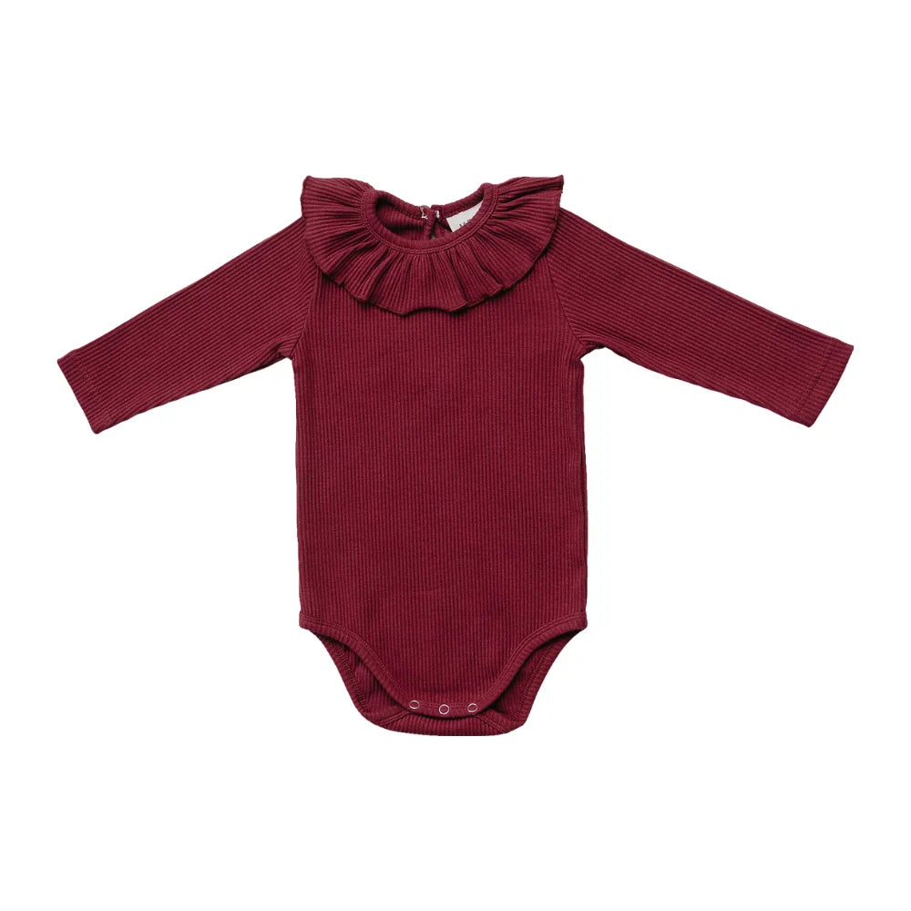 Mebie Baby Ribbed Ruffled Bodysuit || Burgundy