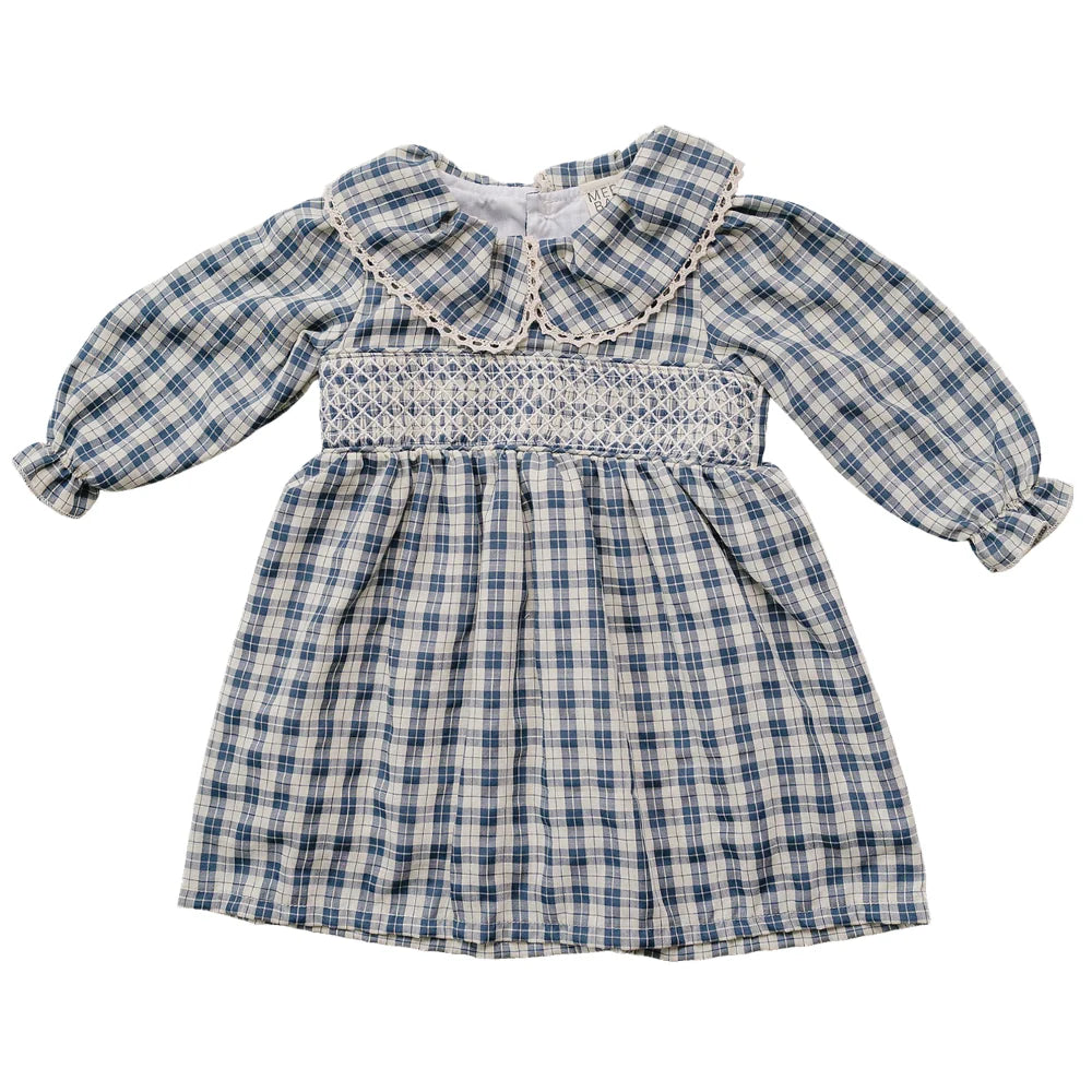 Mebie Baby Blue Plaid Ruffle Collar Dress