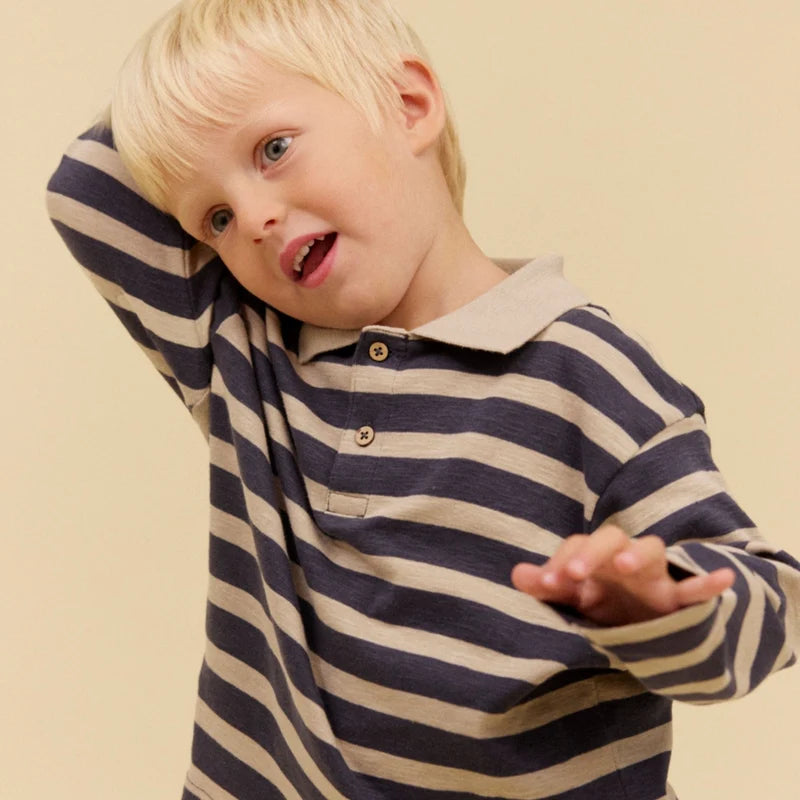 Wheat Kids Longsleeve Polo Fred || Greyblue Stripe