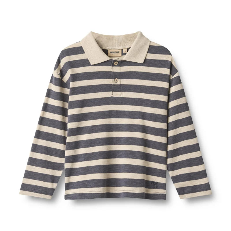 Wheat Kids Longsleeve Polo Fred || Greyblue Stripe
