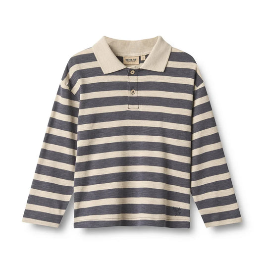 Wheat Kids Longsleeve Polo Fred || Greyblue Stripe