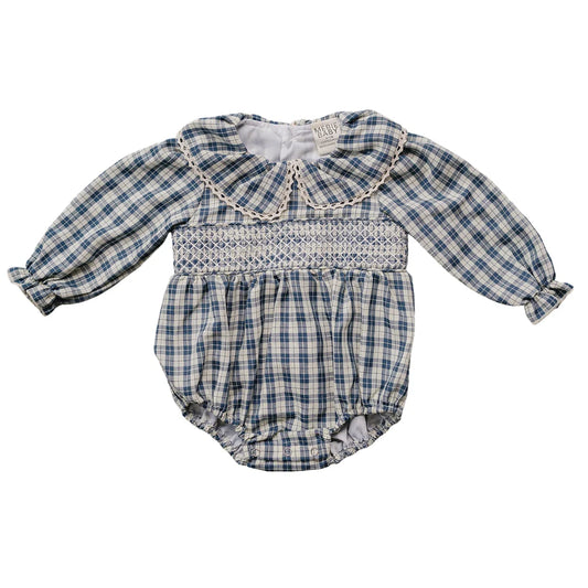 Mebie Baby Blue Plaid Ruffle Collar Bubble Romper