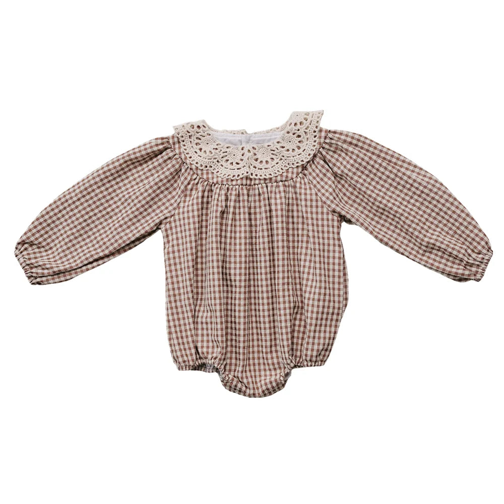 Mebie Baby Camel Gingham Lace Bubble Romper