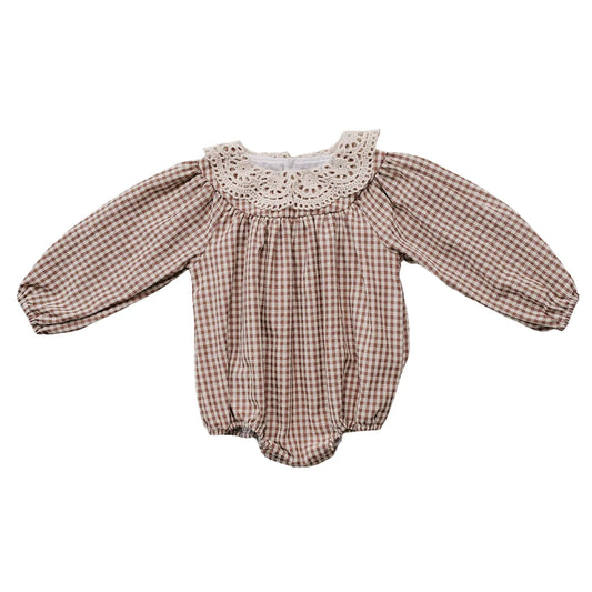 Mebie Baby Camel Gingham Lace Bubble Romper