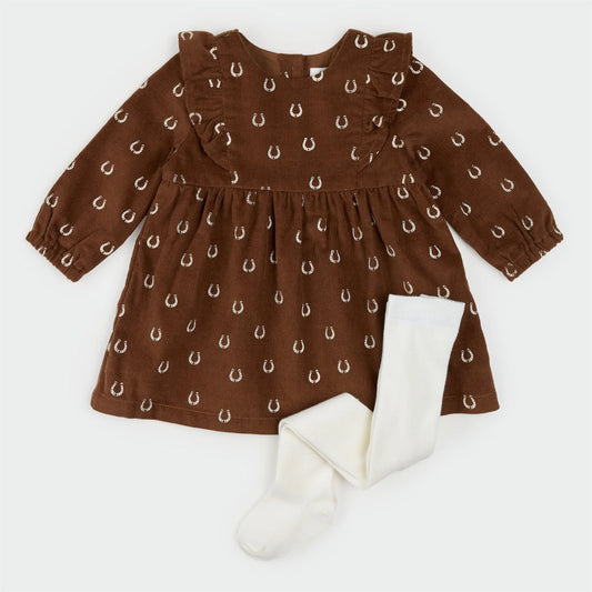 Petit Lem Mini Horseshoe Print on Corduroy Dress Set