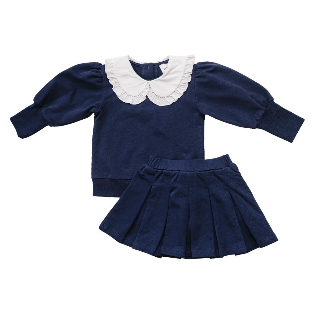 Mebie Baby Navy Peter Pan Collar Pleated Skirt Set