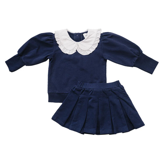 Mebie Baby Navy Peter Pan Collar Pleated Skirt Set