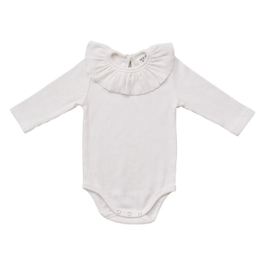 Mebie Baby Ribbed Ruffled Bodysuit || White
