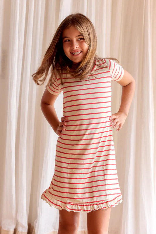 Bambi & Birdie Girls Ruffled Sleep Dress || Red Stripe